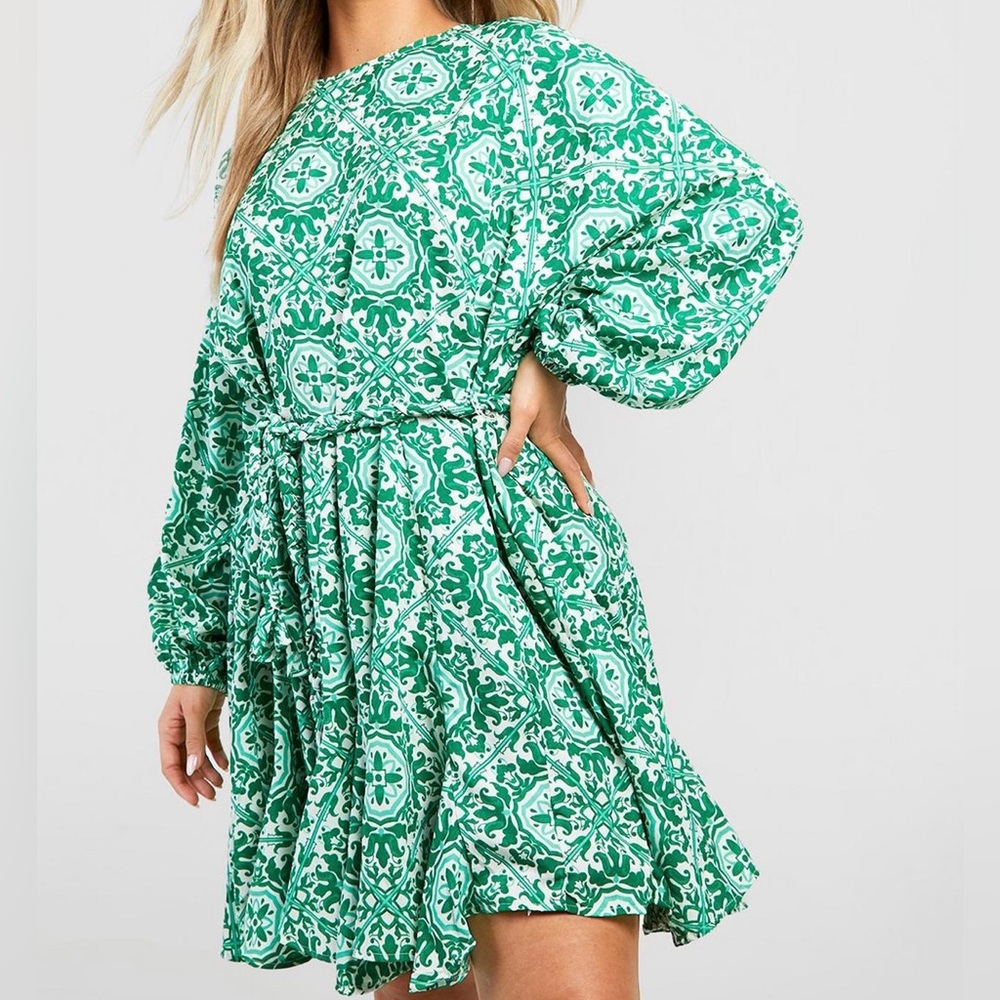 Plus Woven Tile Print Smock Dress